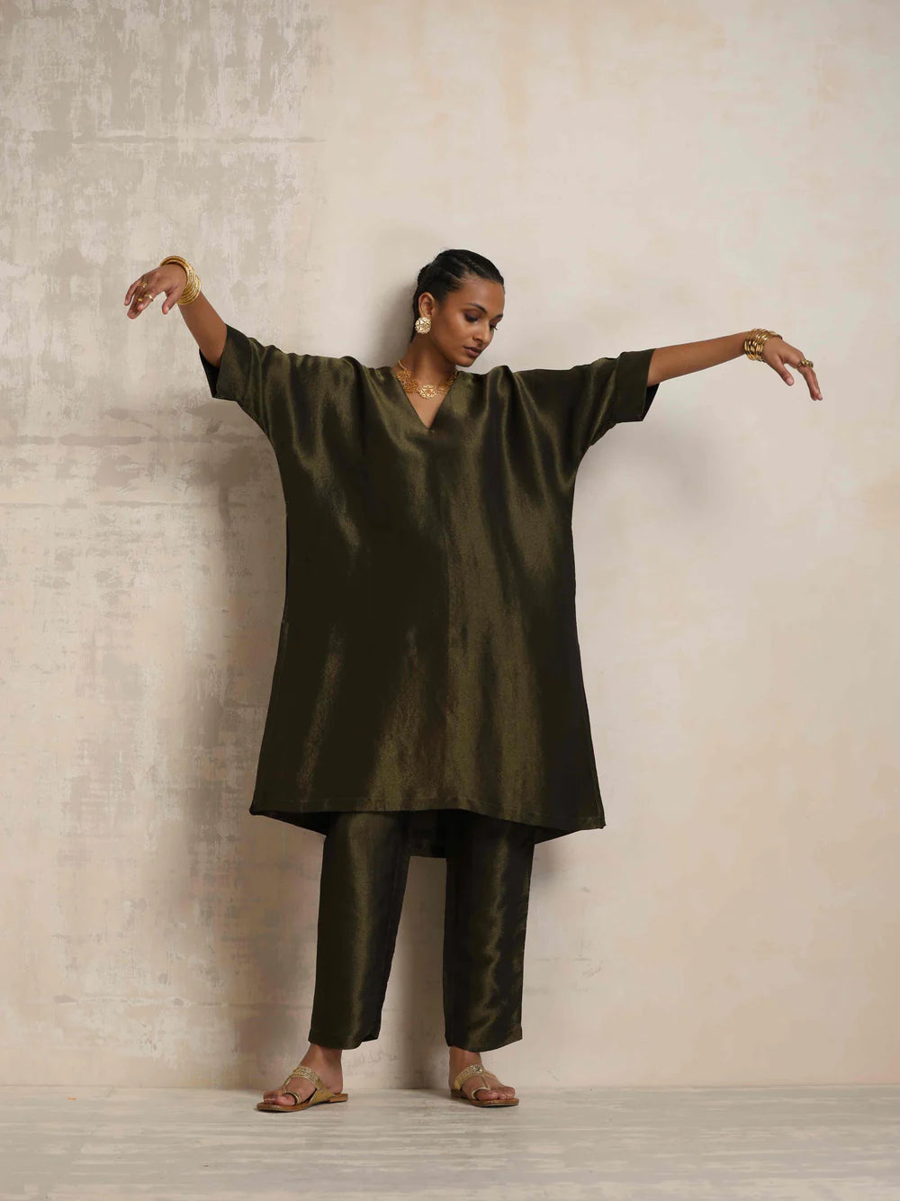 Olive Green Tissue Kurta Co-ord Set