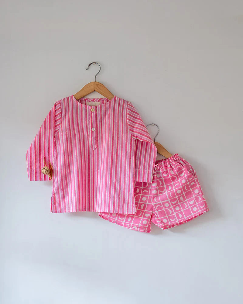 ‘Sleepover Party’ unisex cotton set with striped kurta and moon chase shorts in pink