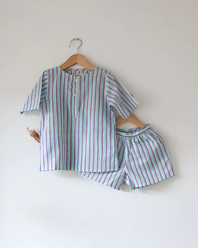 ‘Sleepover Party’ unisex cotton set with purple blue striped kurta and shorts