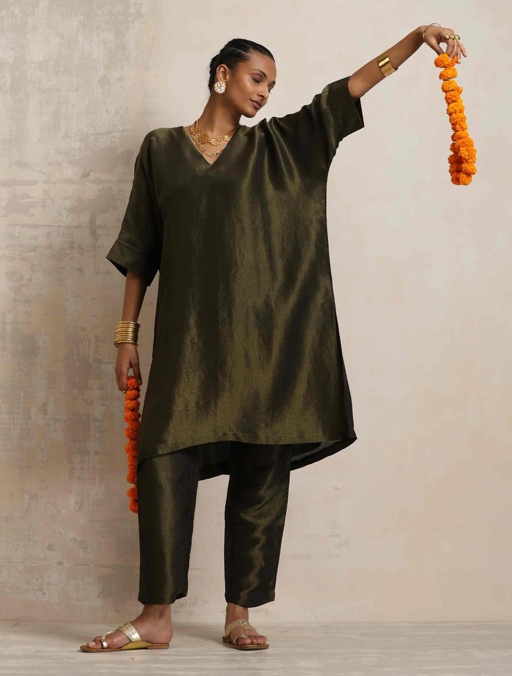 Olive Green Tissue Kurta Co-ord Set