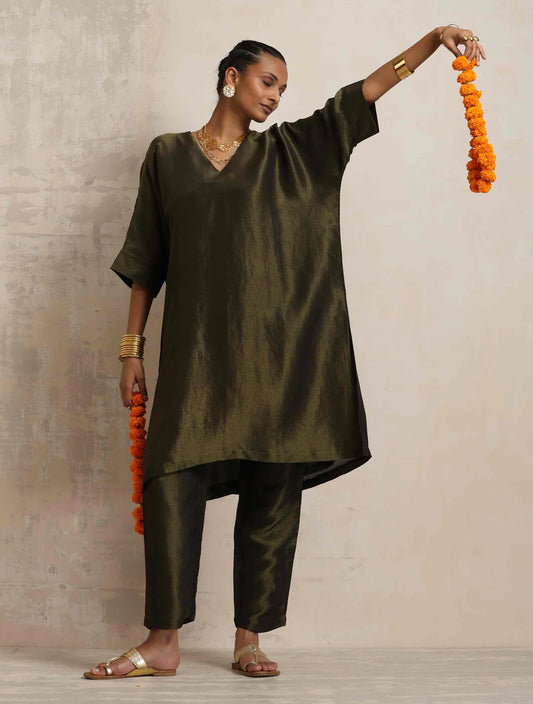Olive Green Tissue Kurta Co-ord Set