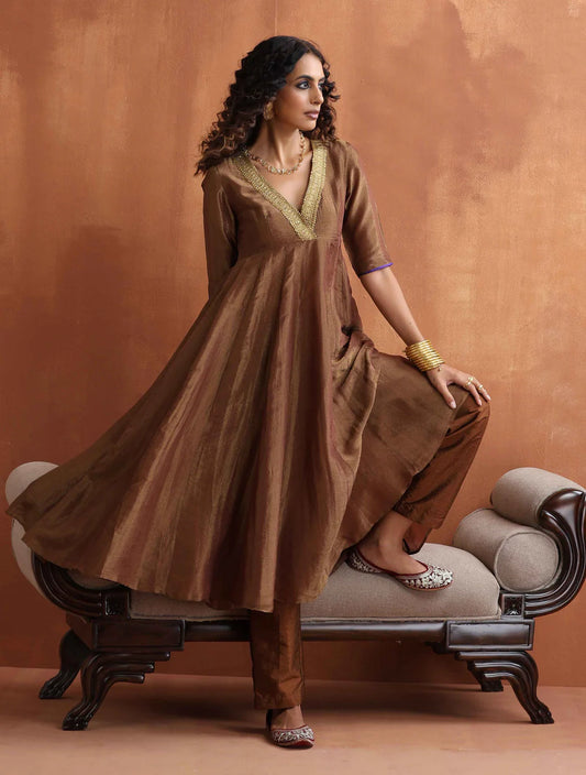 Bronze Tissue Flared Anarkali Kurta Set