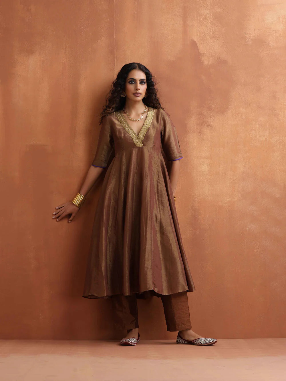 Bronze Tissue Flared Anarkali Kurta Set