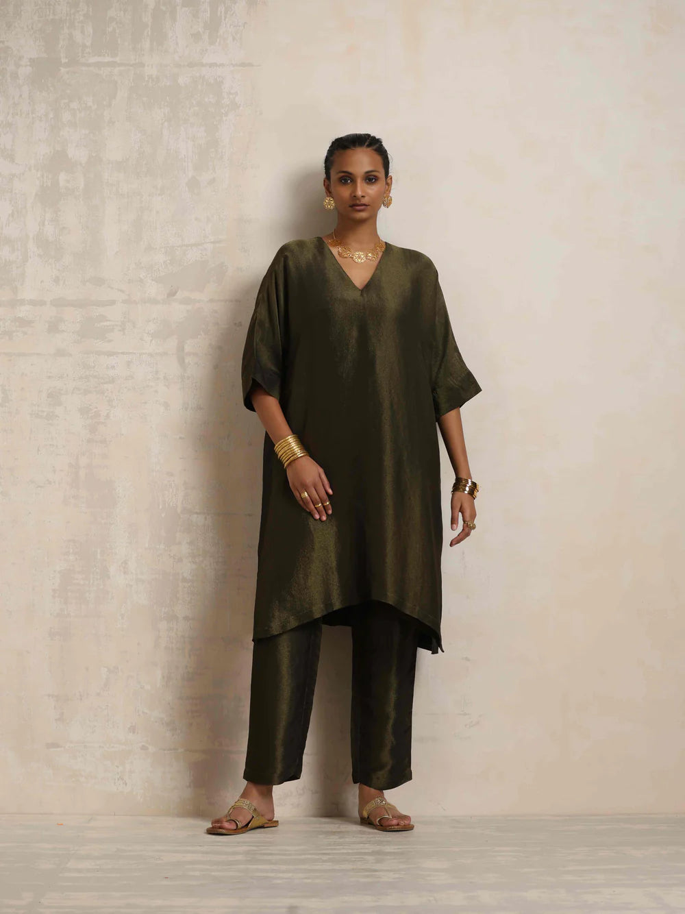 Olive Green Tissue Kurta Co-ord Set