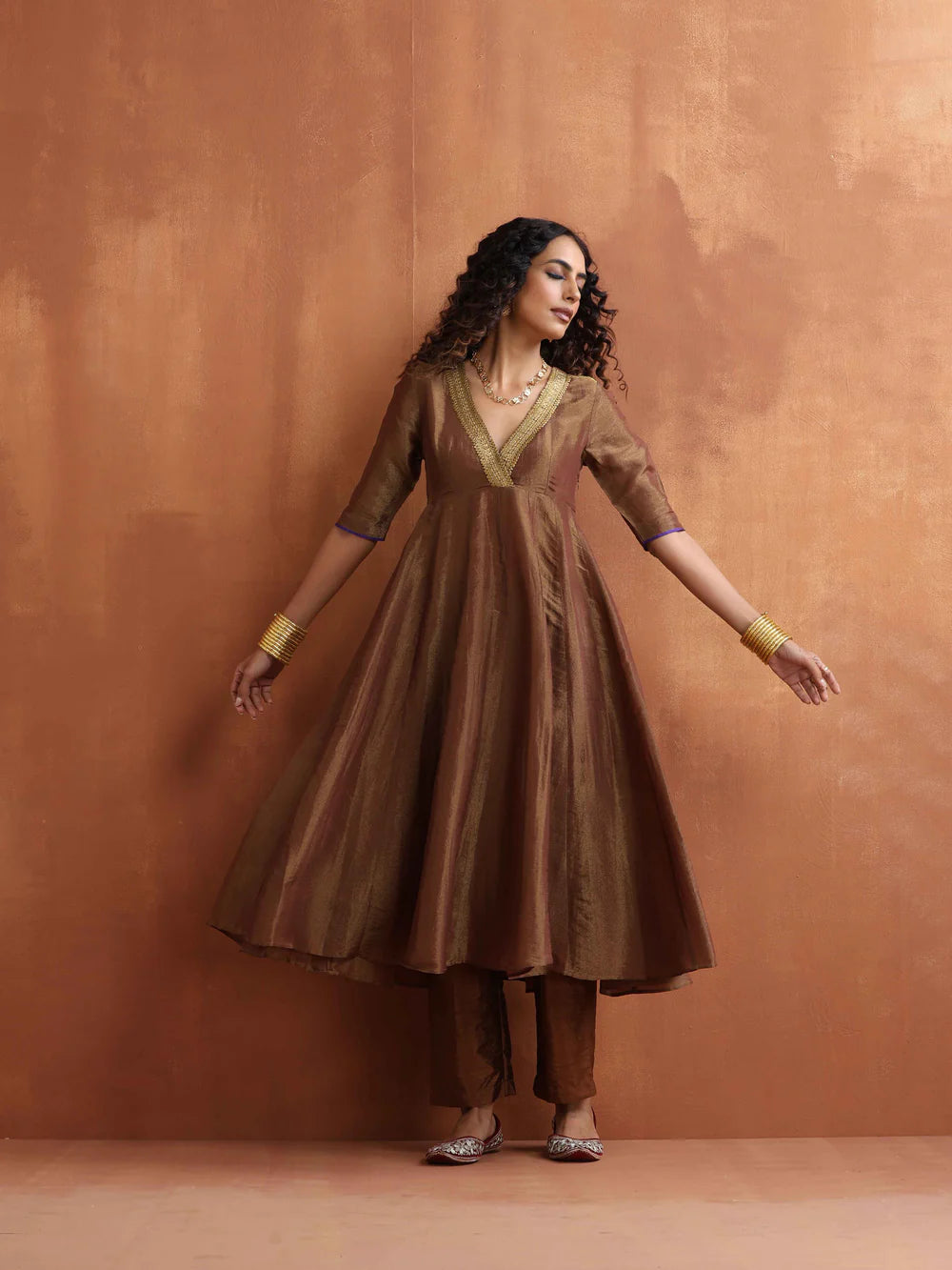 Bronze Tissue Flared Anarkali Kurta Set