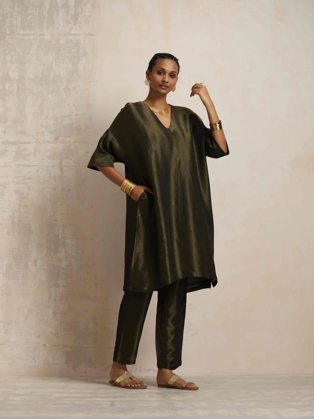 Olive Green Tissue Kurta Co-ord Set