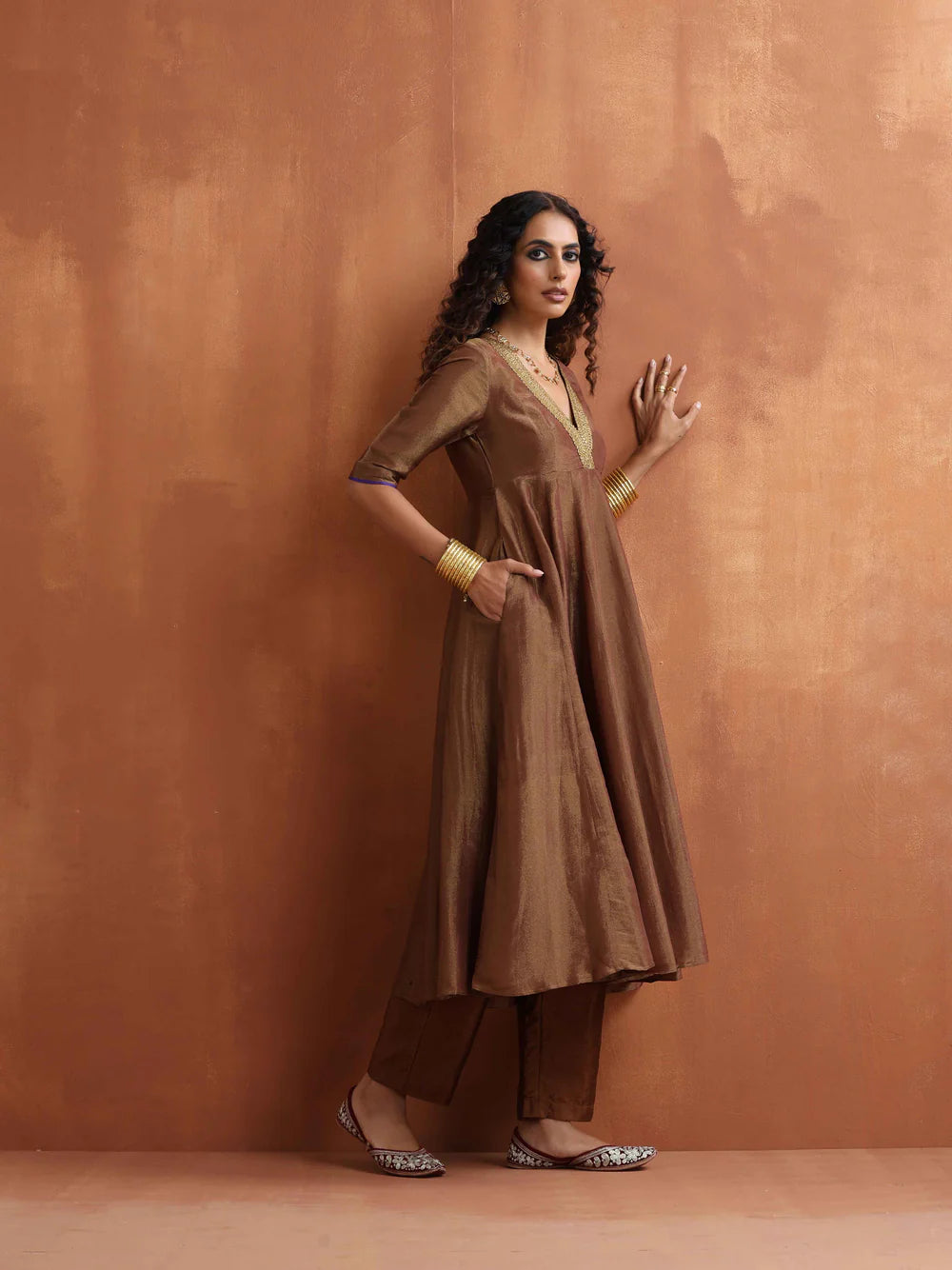 Bronze Tissue Flared Anarkali Kurta Set