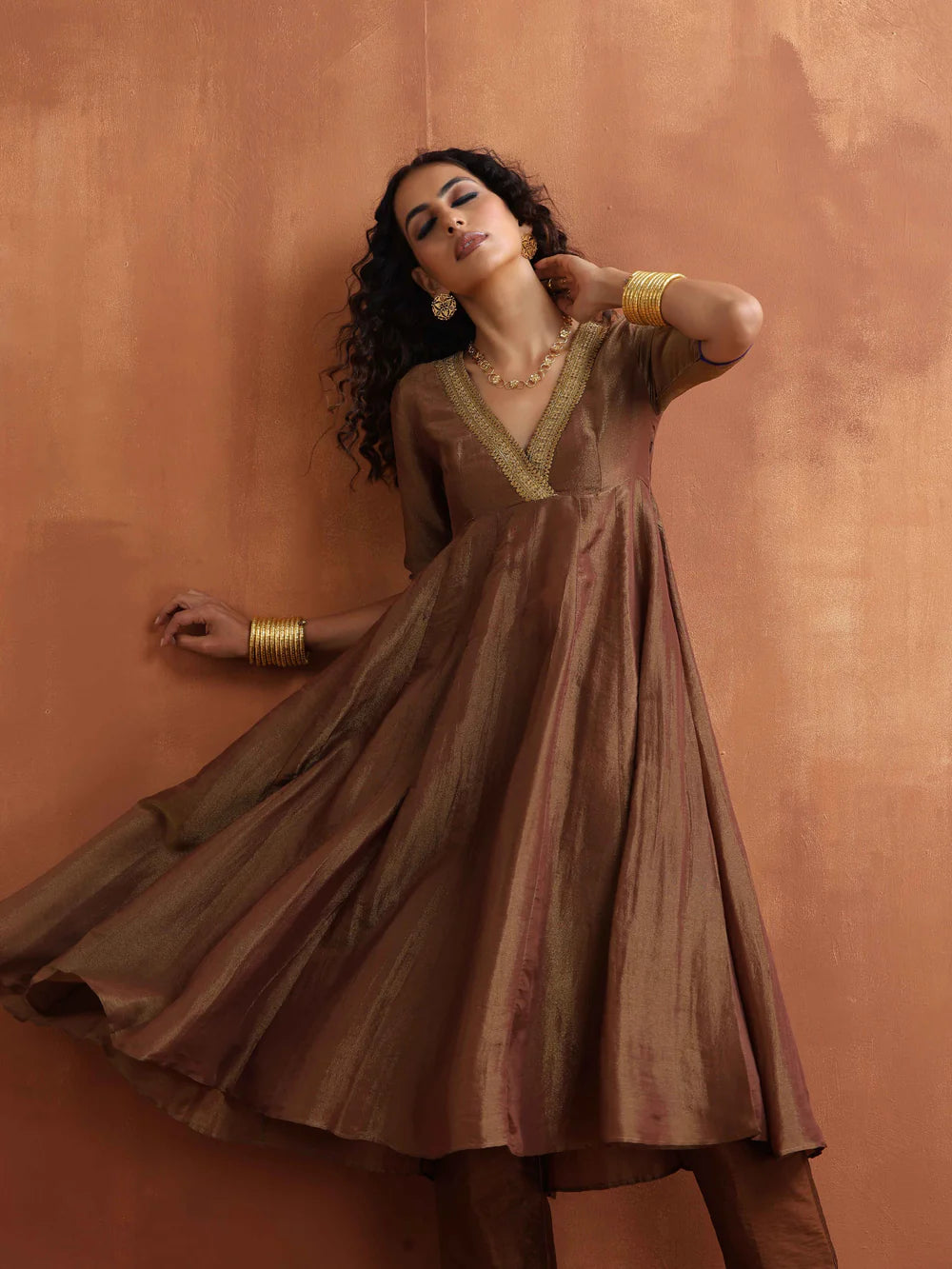 Bronze Tissue Flared Anarkali Kurta Set