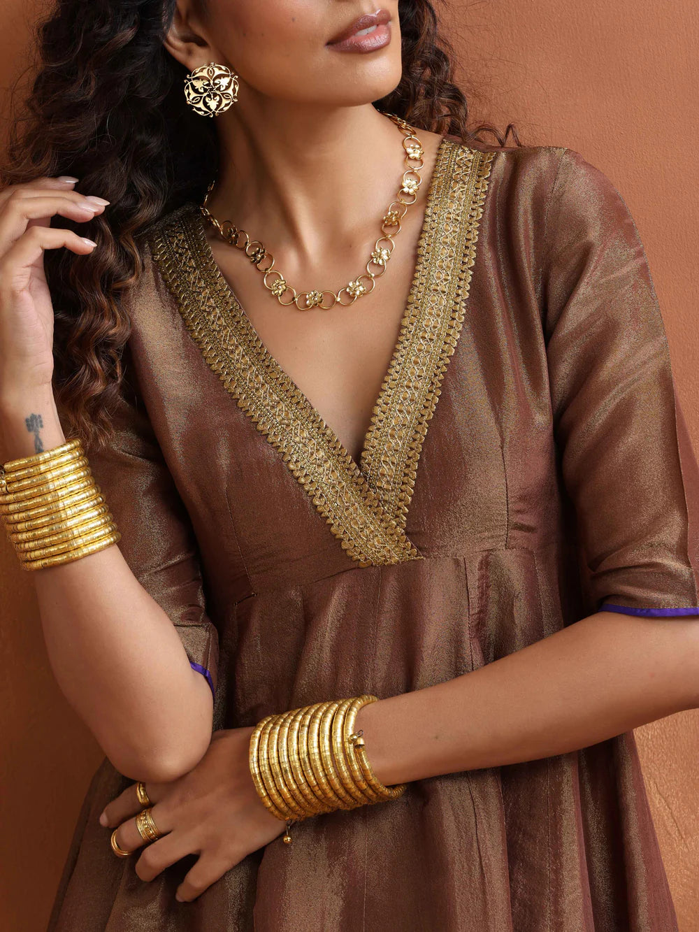 Bronze Tissue Flared Anarkali Kurta Set