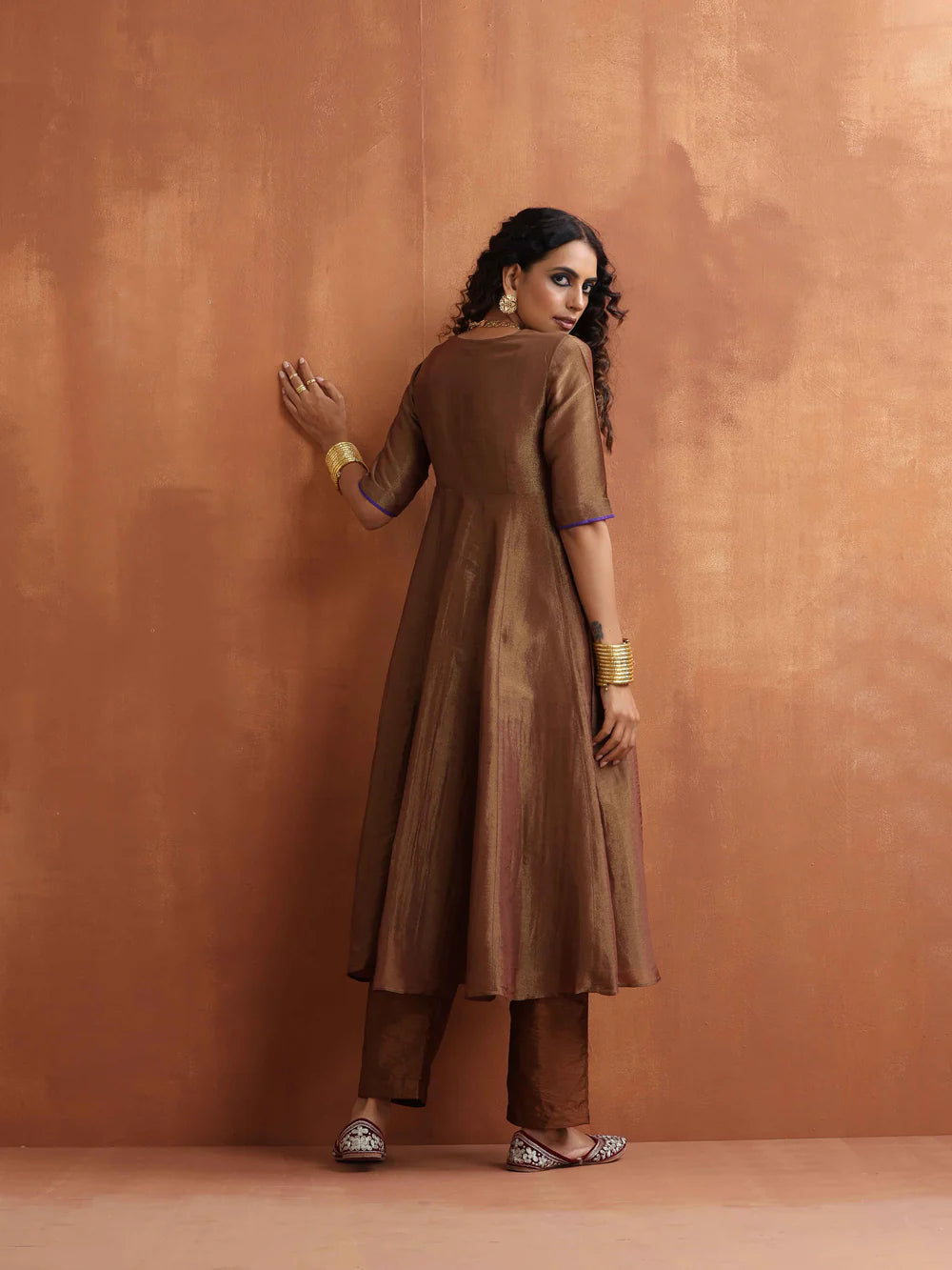 Bronze Tissue Flared Anarkali Kurta Set