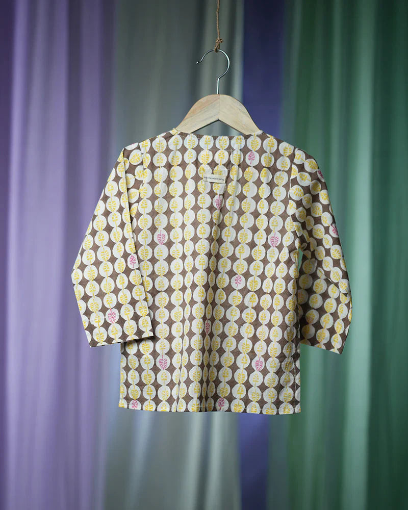 ‘Monstera grove’ kids unisex kurta in Monstera hand block printed cotton