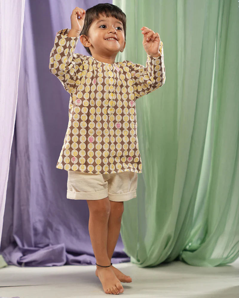 ‘Monstera grove’ kids unisex kurta in Monstera hand block printed cotton