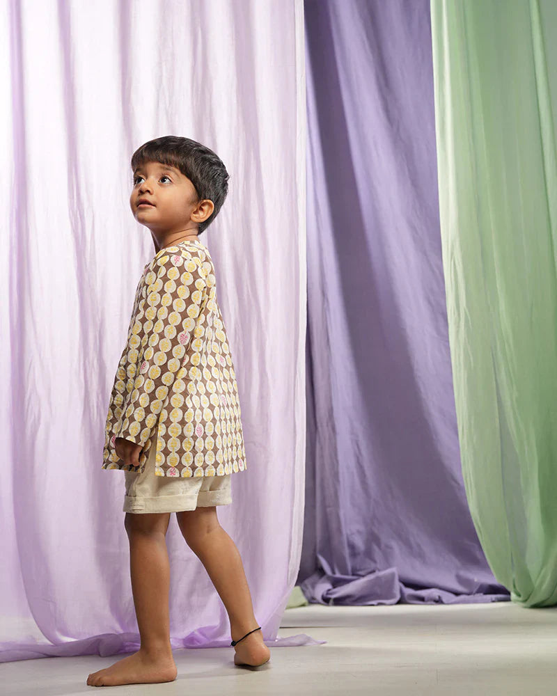 ‘Monstera grove’ kids unisex kurta in Monstera hand block printed cotton