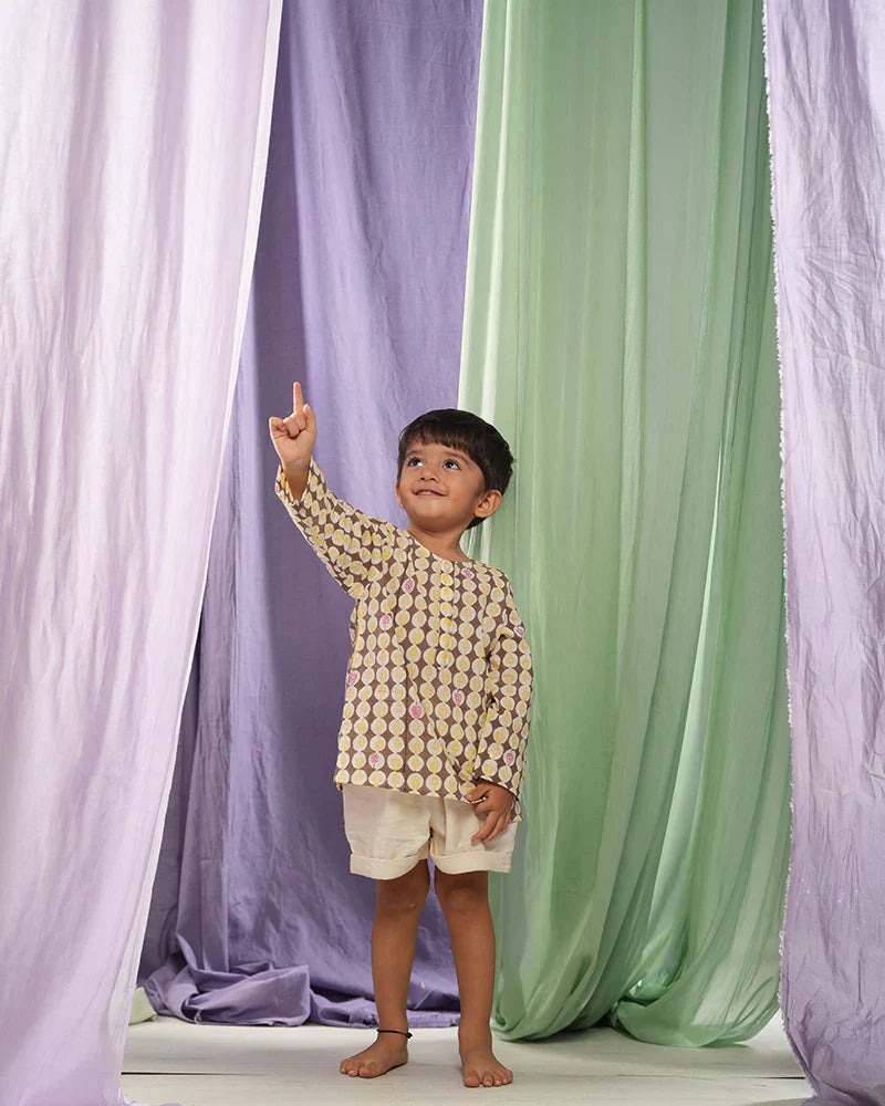 ‘Monstera grove’ kids unisex kurta in Monstera hand block printed cotton