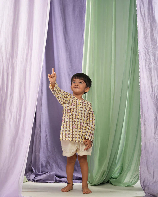 ‘Monstera grove’ kids unisex kurta in Monstera hand block printed cotton