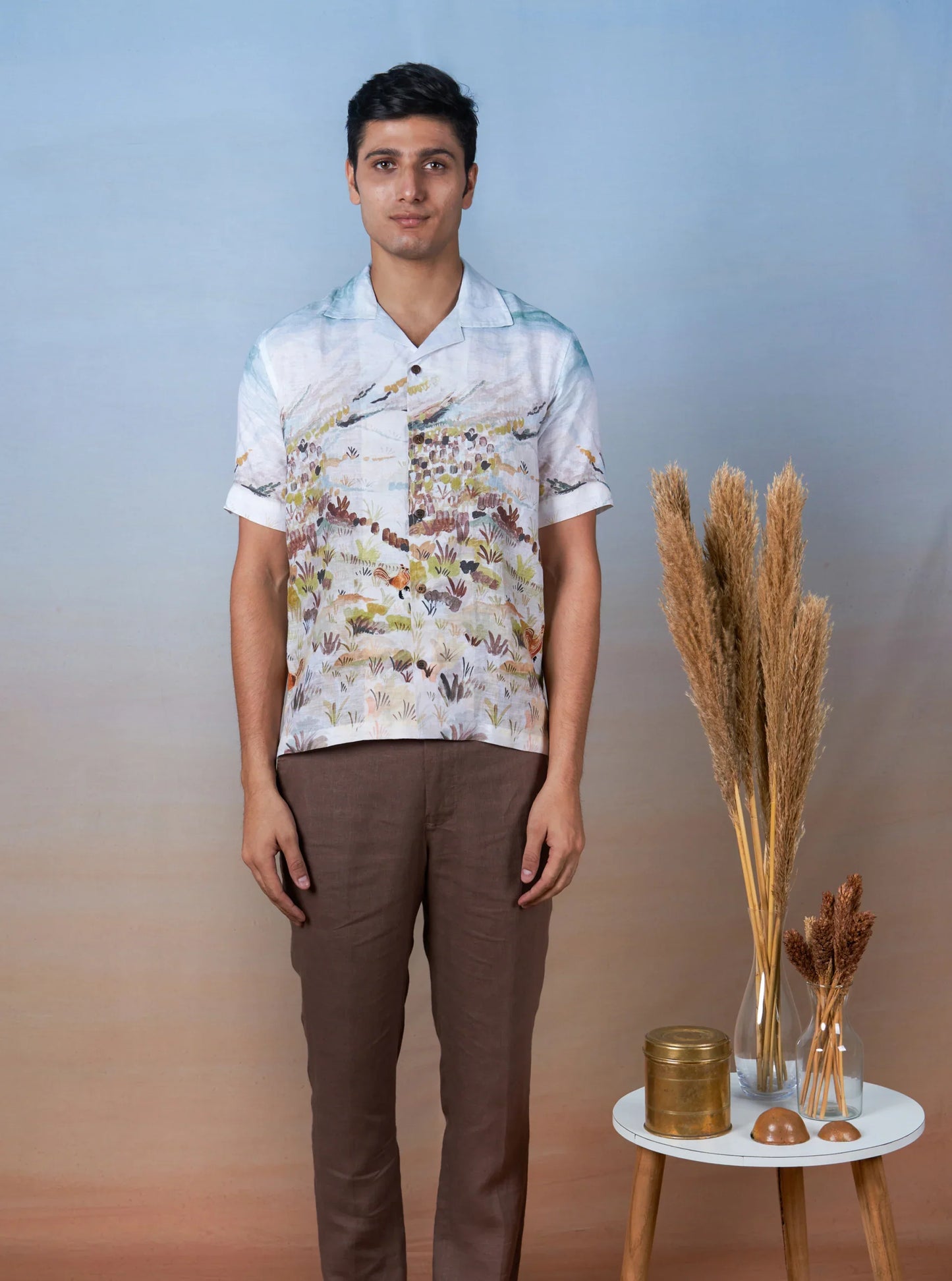 ROOSTER MEADOW BLUE - HAND EMBROIDERED UNISEX PRINTED LINEN SHIRT