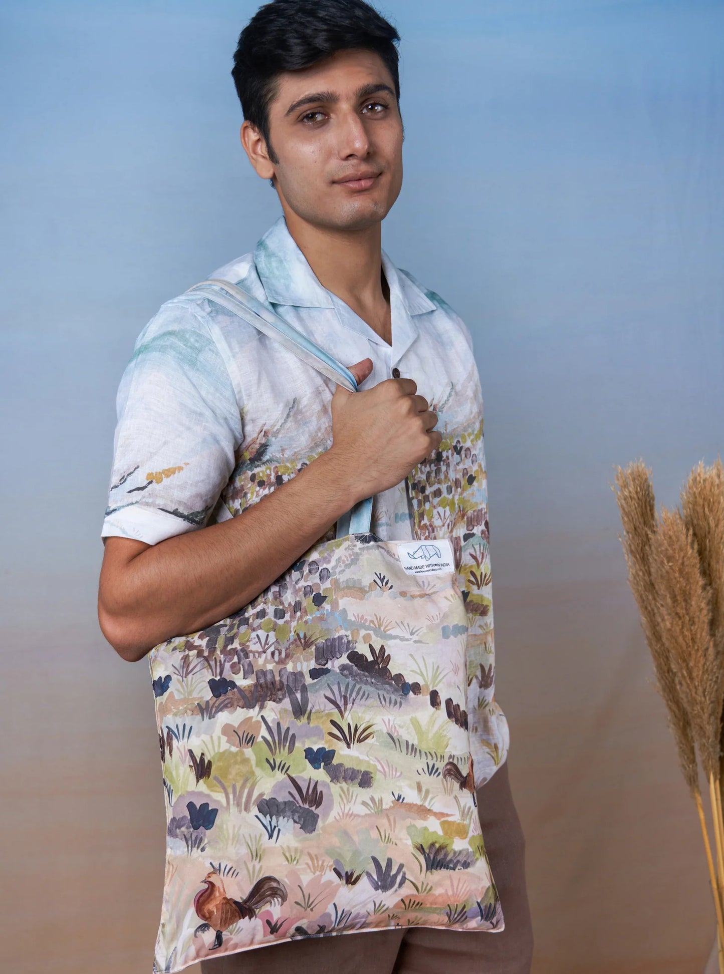 ROOSTER MEADOW BLUE - HAND EMBROIDERED UNISEX PRINTED LINEN SHIRT