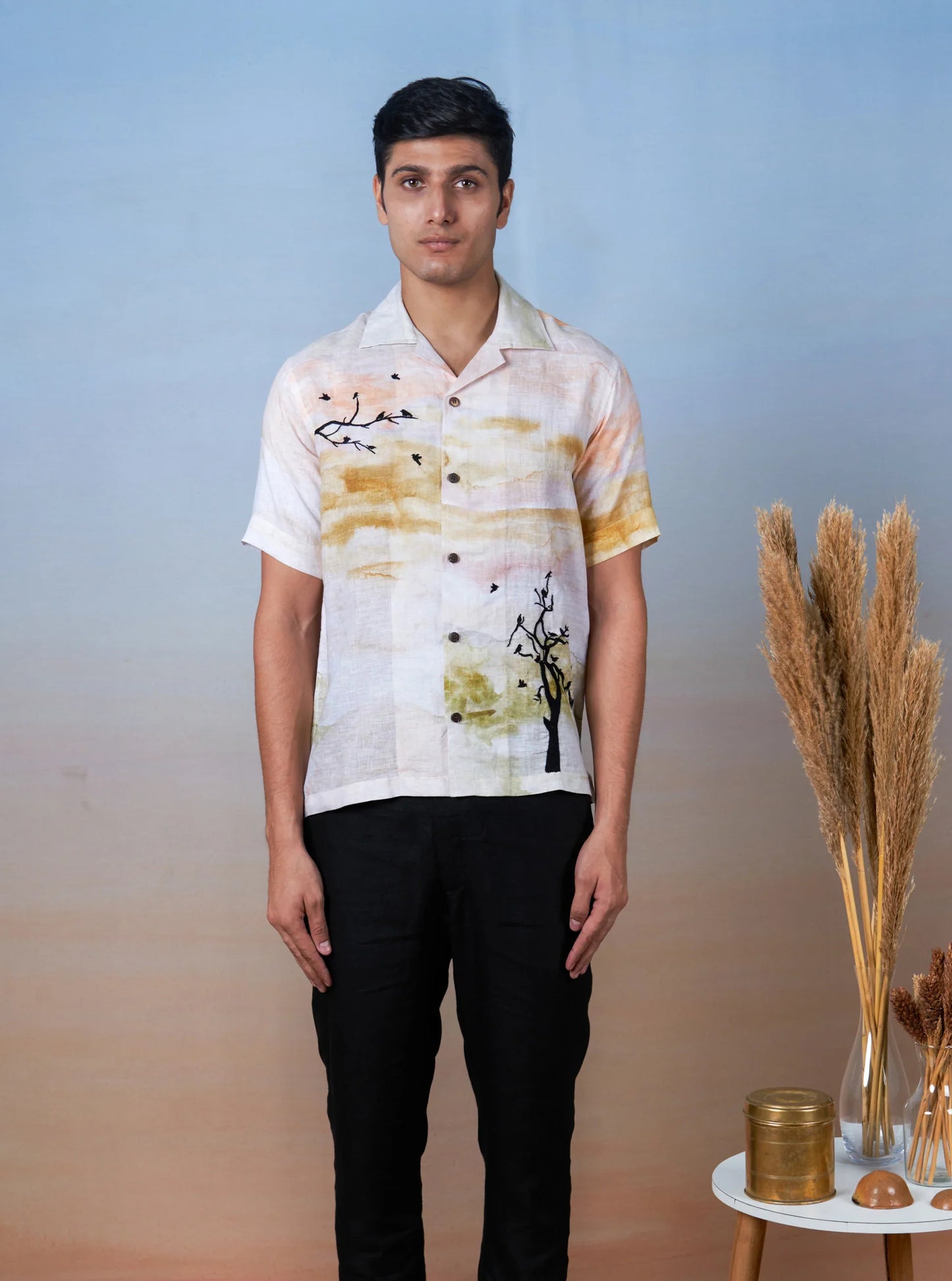 WHISPERING BRANCHES - HAND EMBROIDERED UNISEX PRINTED LINEN SHIRT