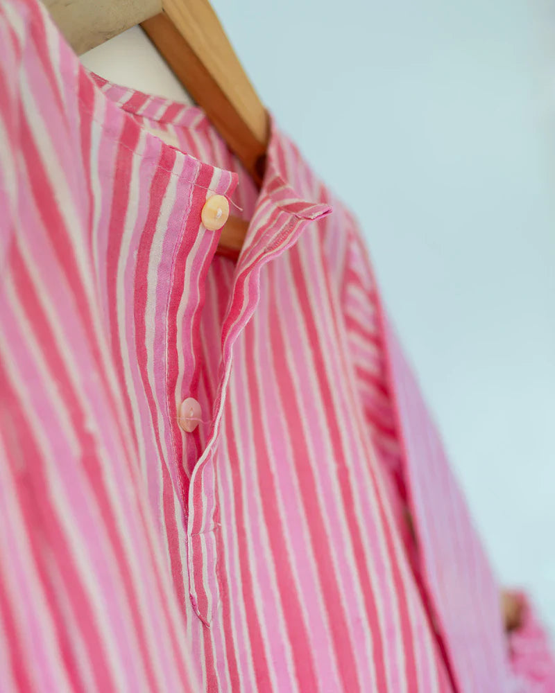 ‘Sleepover Party’ unisex cotton set with striped kurta and moon chase shorts in pink