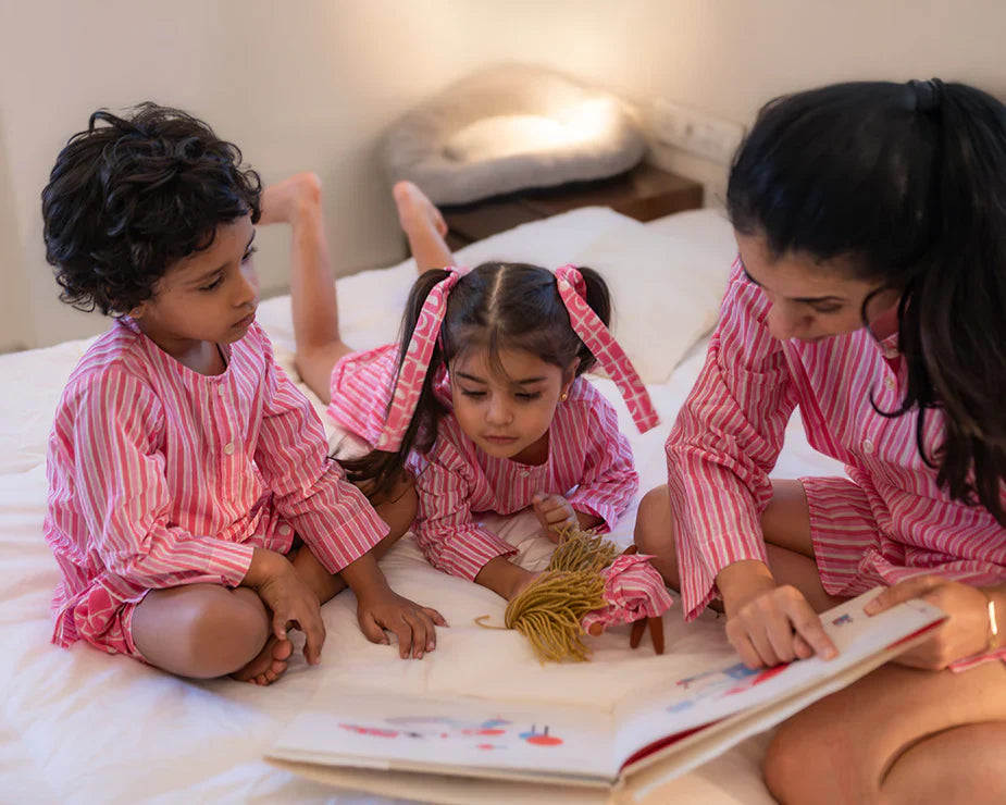 ‘Sleepover Party’ unisex cotton set with striped kurta and moon chase shorts in pink