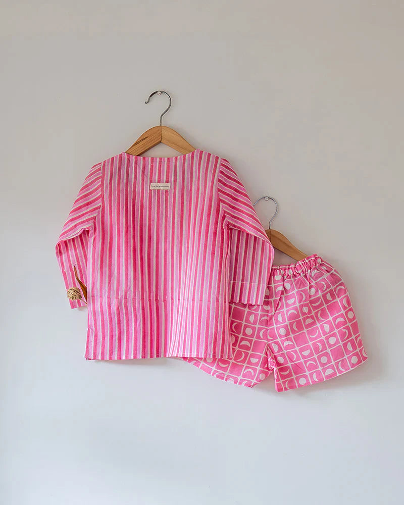 ‘Sleepover Party’ unisex cotton set with striped kurta and moon chase shorts in pink
