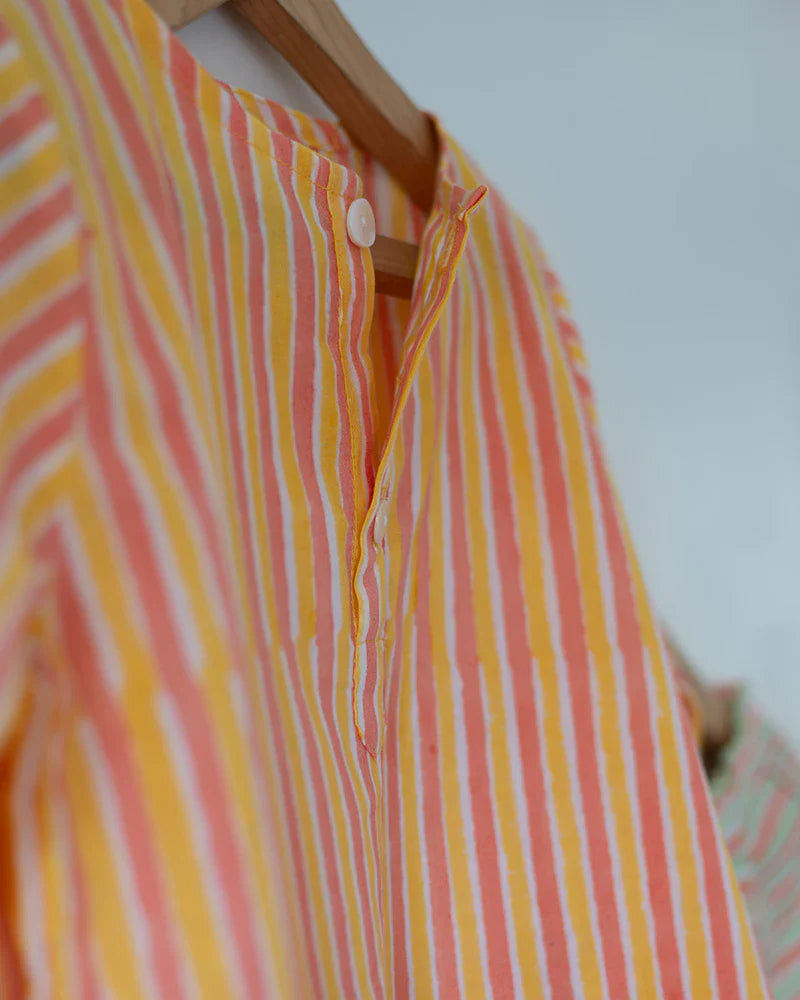 ‘Sleepover Party’ unisex cotton set with peach yellow striped kurta and peach green striped shorts