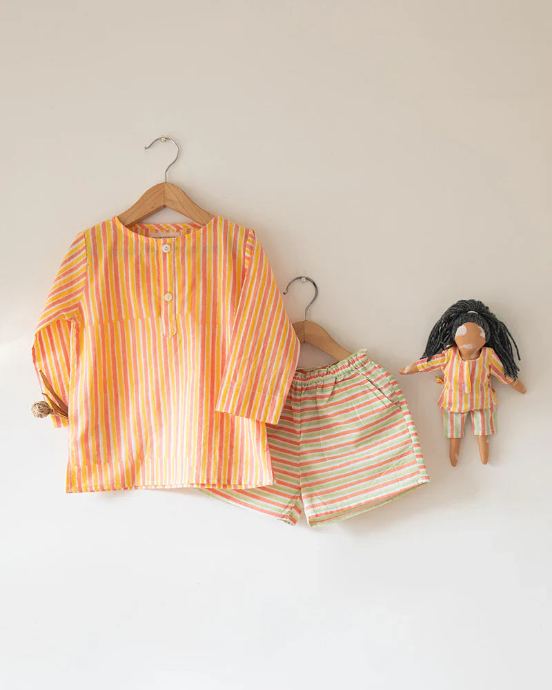 ‘Sleepover Party’ unisex cotton set with peach yellow striped kurta and peach green striped shorts