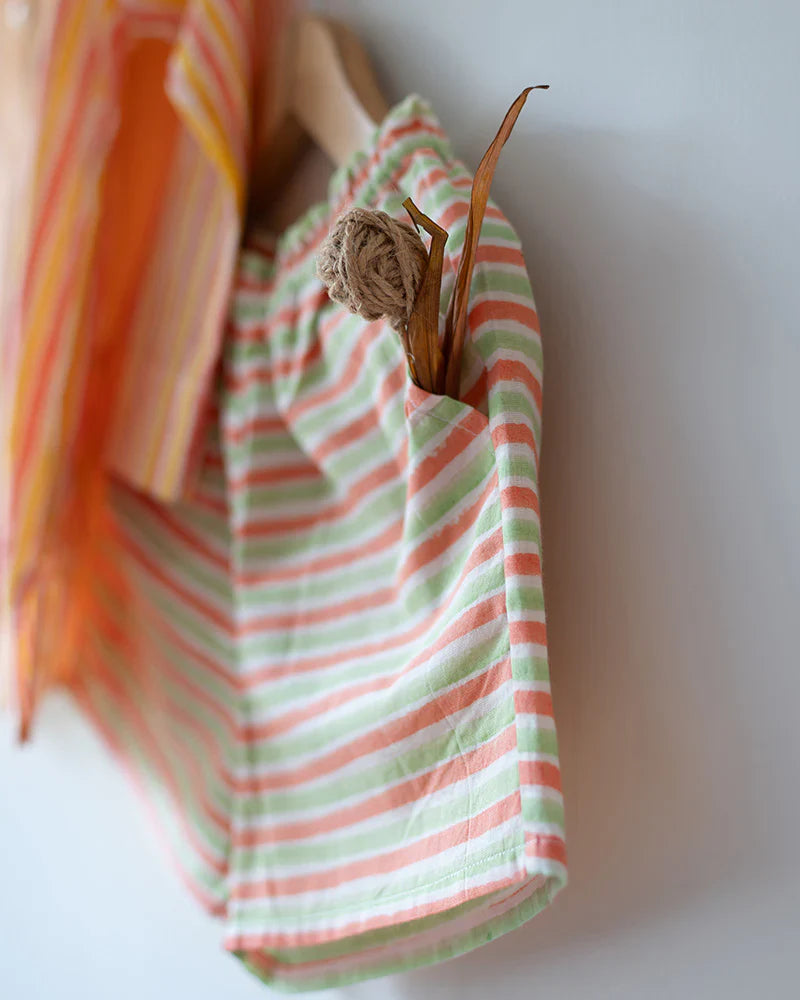‘Sleepover Party’ unisex cotton set with peach yellow striped kurta and peach green striped shorts