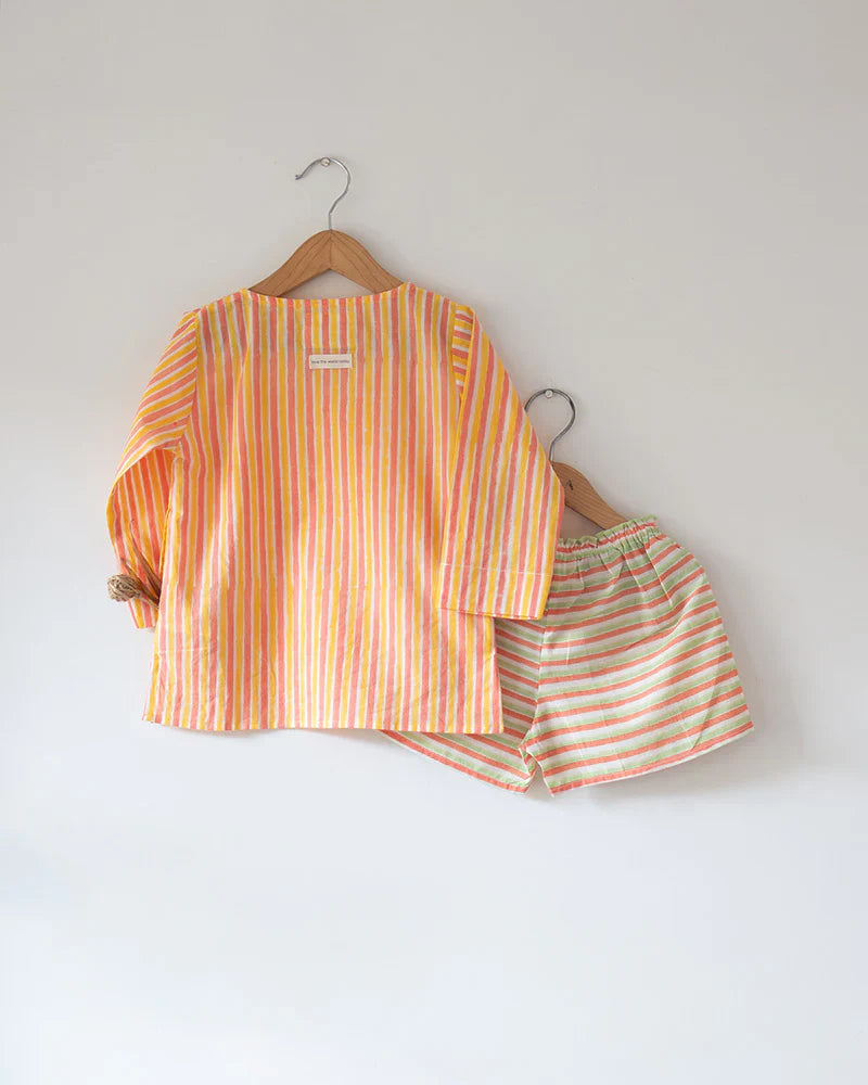 ‘Sleepover Party’ unisex cotton set with peach yellow striped kurta and peach green striped shorts