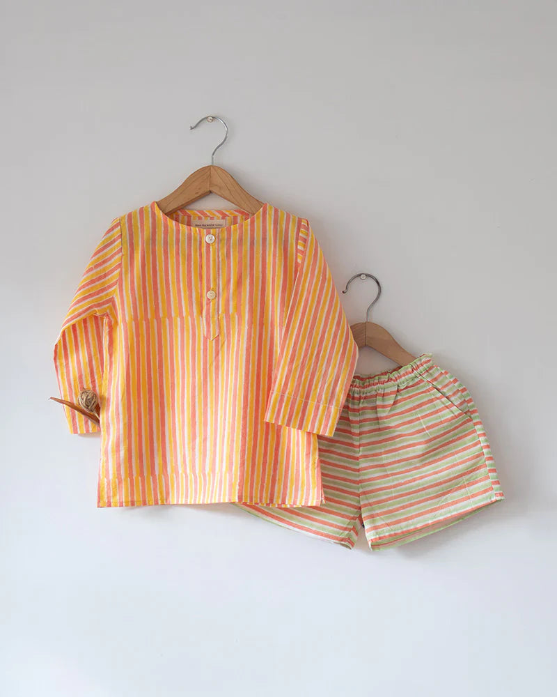 ‘Sleepover Party’ unisex cotton set with peach yellow striped kurta and peach green striped shorts