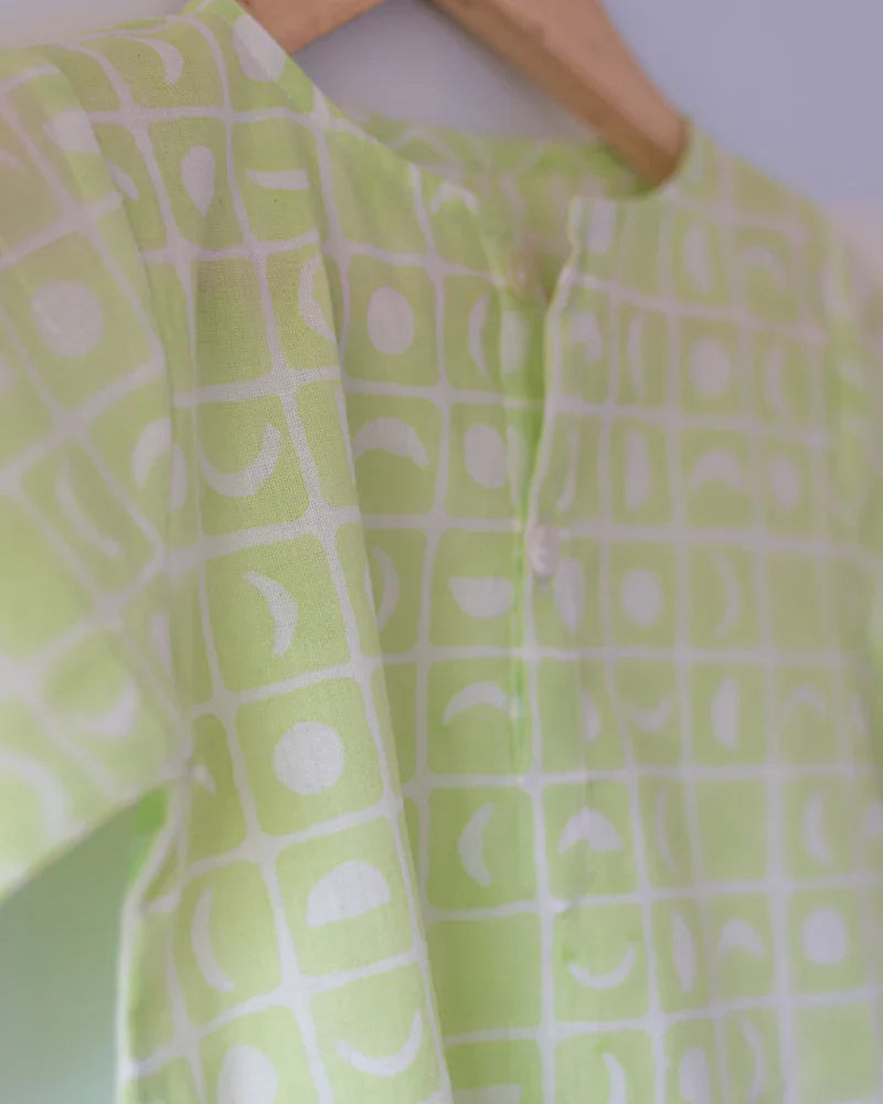 ‘Sleepover Party’ unisex cotton set with lime green moon chase kurta and purple green striped shorts