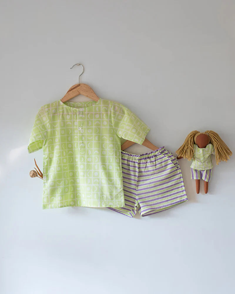 ‘Sleepover Party’ unisex cotton set with lime green moon chase kurta and purple green striped shorts