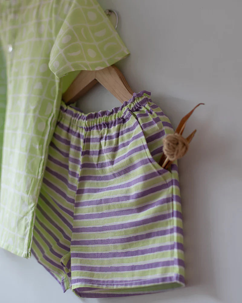 ‘Sleepover Party’ unisex cotton set with lime green moon chase kurta and purple green striped shorts