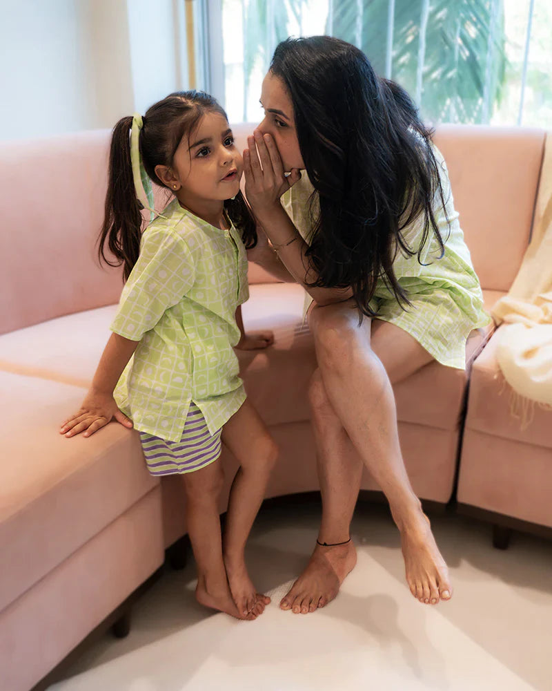 ‘Sleepover Party’ unisex cotton set with lime green moon chase kurta and purple green striped shorts