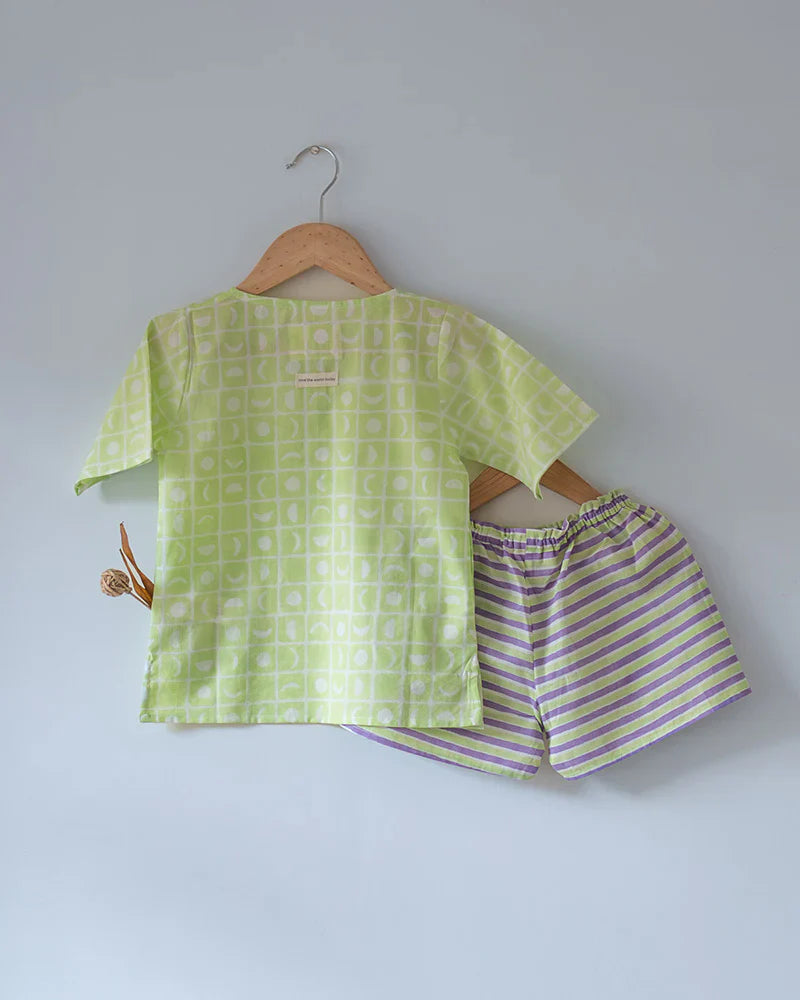 ‘Sleepover Party’ unisex cotton set with lime green moon chase kurta and purple green striped shorts