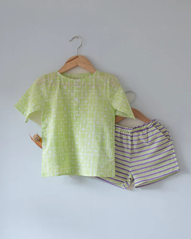 ‘Sleepover Party’ unisex cotton set with lime green moon chase kurta and purple green striped shorts