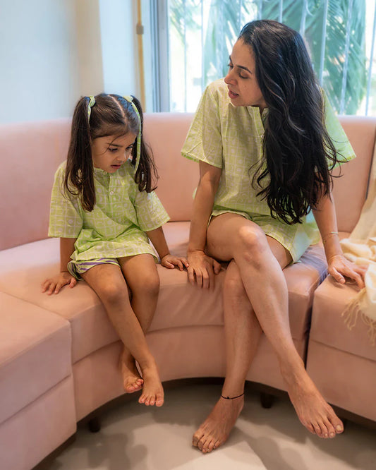 ‘Sleepover Party’ unisex cotton set with lime green moon chase kurta and purple green striped shorts