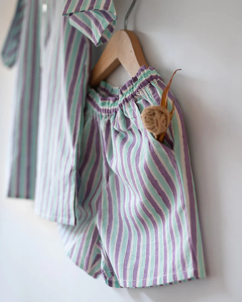 ‘Sleepover Party’ unisex cotton set with purple blue striped kurta and shorts