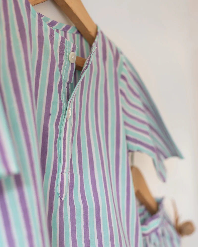 ‘Sleepover Party’ unisex cotton set with purple blue striped kurta and shorts