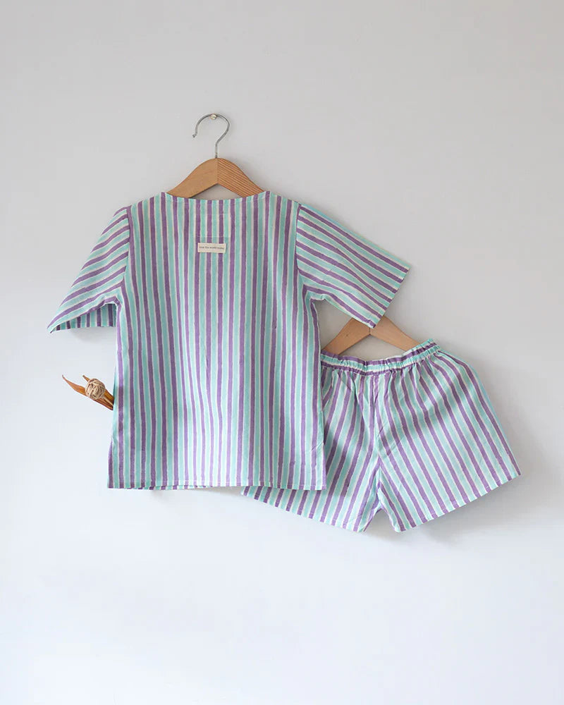 ‘Sleepover Party’ unisex cotton set with purple blue striped kurta and shorts