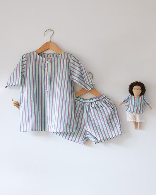 ‘Sleepover Party’ unisex cotton set with purple blue striped kurta and shorts